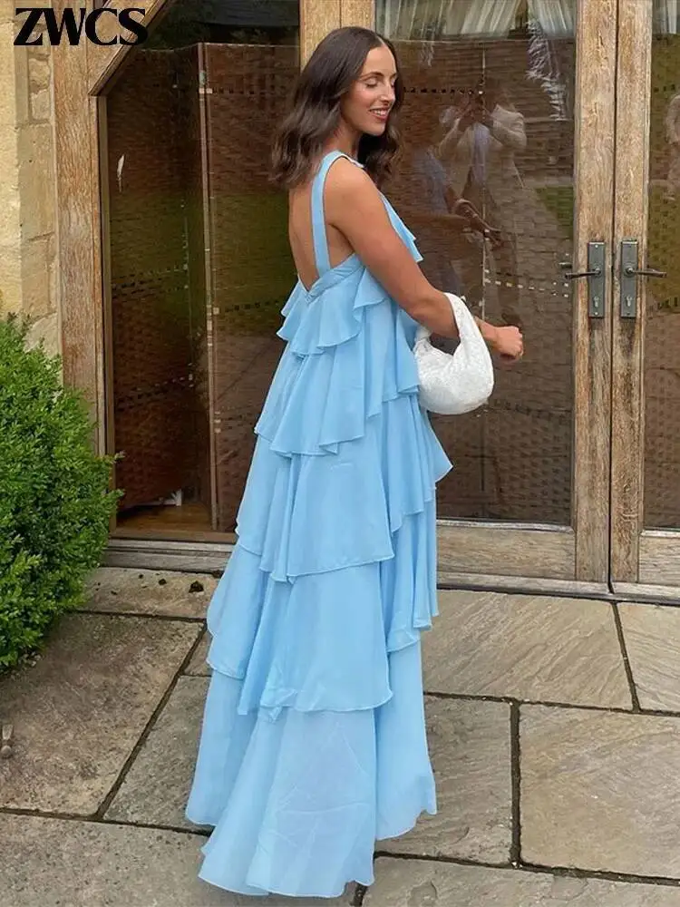 3d flor babados em camadas vestidos femininos elegante chiffon sem costas sem mangas fofo vestido longo 2025 verão nova senhora praia robes