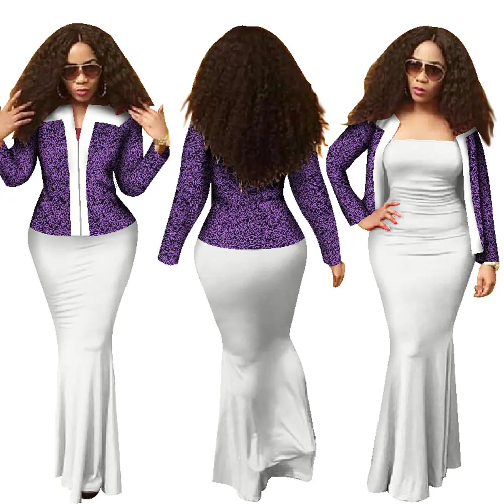 Bintarealwax African 2 Pieces Set for Women New Style Dashiki Crop Top Long Dress Suits Plus Size Traditional Clothing WY1313