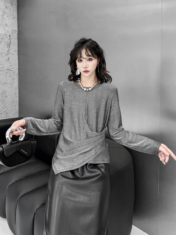 

Shiny Long Sleeve Loose Women's T-shirt Spring Fashion Design Slimming Base Layer Shirt Casual Style Cotton Polyester Blend
