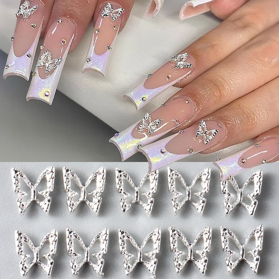 10pcs Butterfly Shaped Nail Rhinestone Silver Gold Butterflies Nail Charm 3D Nail Decoration Glitter Nail Manicure Accessories image 2