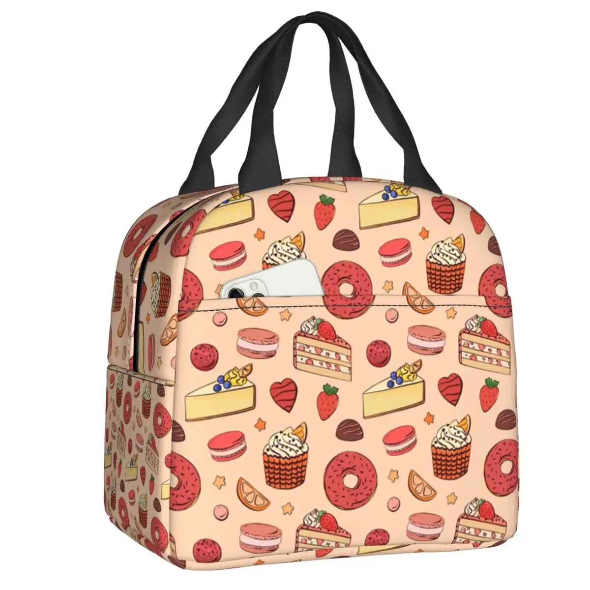 Cake And Donuts Pattern Insulated Lunch Bag for Outdoor Picnic Pastries Cupcake Cooler Thermal Lunch Box Women Children