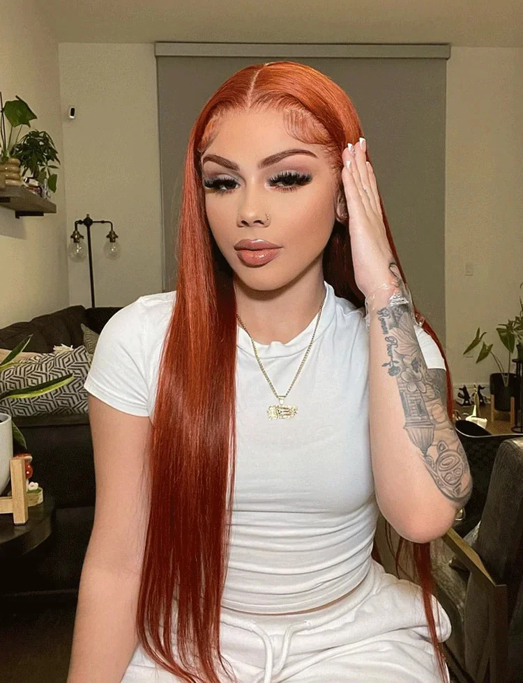 Long Straight Copper Red Ginger Brown Synthetic Lace Front Wig Pre-Plucked Heat Resistant Fiber Hair