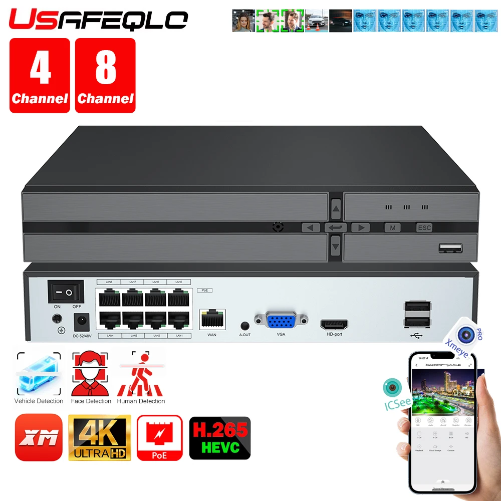 Wykrywanie twarzy H.265 8ch * 4K 4ch/8ch PoE sieciowy rejestrator wideo nadzór PoE NVR 4/8 kanał dla kamery IP HD 8MP 5MP