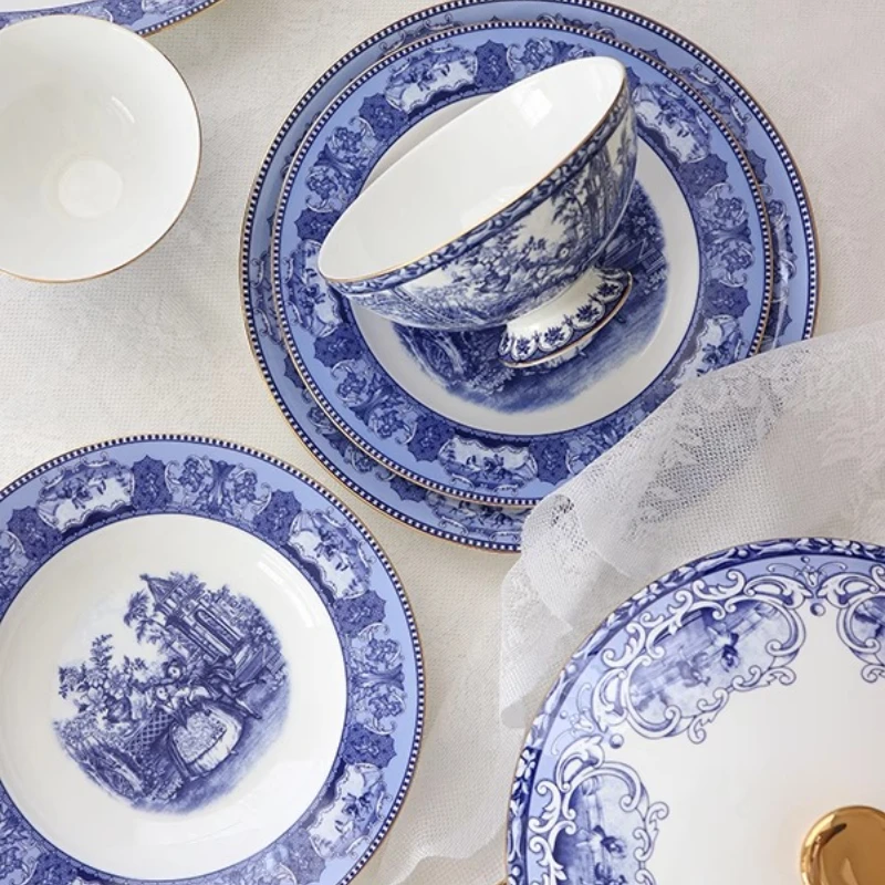 

European Palace Bone Dinnerware Embossed Porcelain Tableware Service Luxury Microwave-safe Plates & Soup for Formal Dinner Party