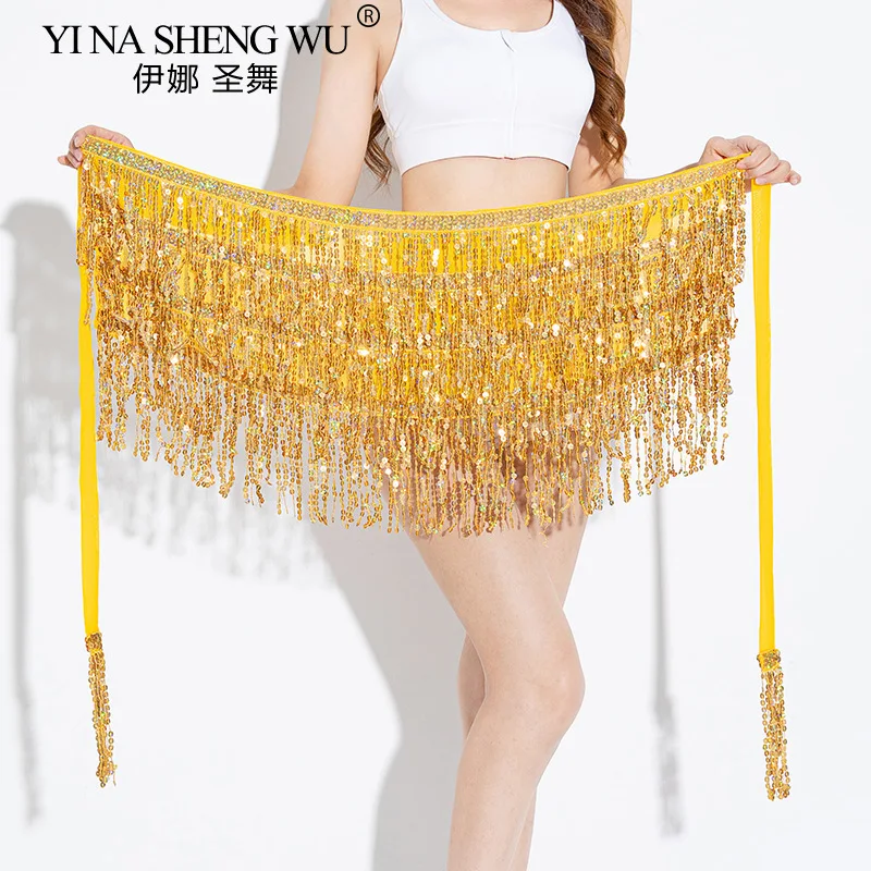 Sexy Women Belly Dance Hip Scarf 4-layer Sequin Tassel Waist Belt Dance Practice Performance Hip Waist Chain Halloween Skirt