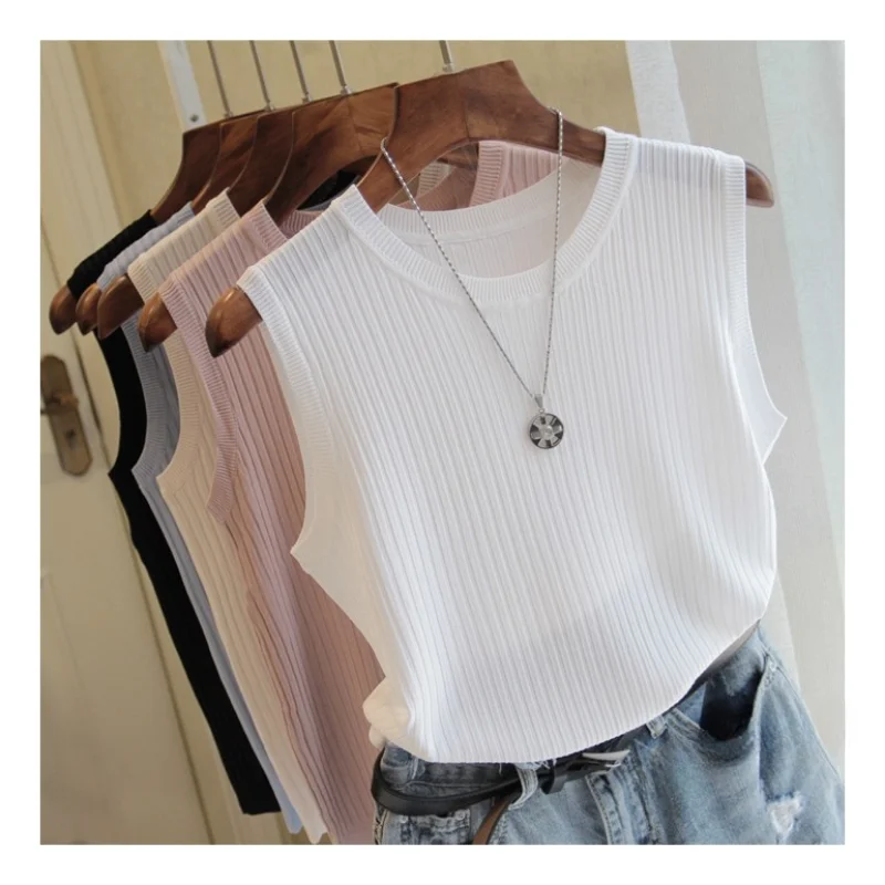 

Women Blouse 1pcs Summer New Fashion Knitted Vests O-neck Sleeveless Casual Thin Womens Tops OL Basic Corset Top female clothing