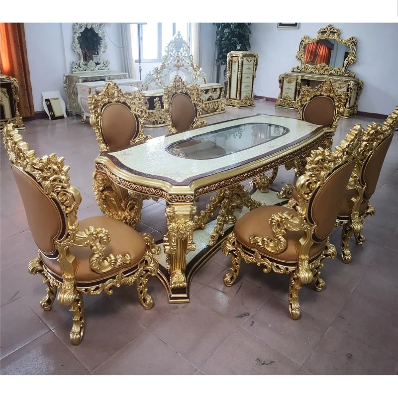 Turkish Luxury Royal Dining Furniture Set European Classic Carved Solid Wood Frame Rectangular Marble Dining Table With Chairs