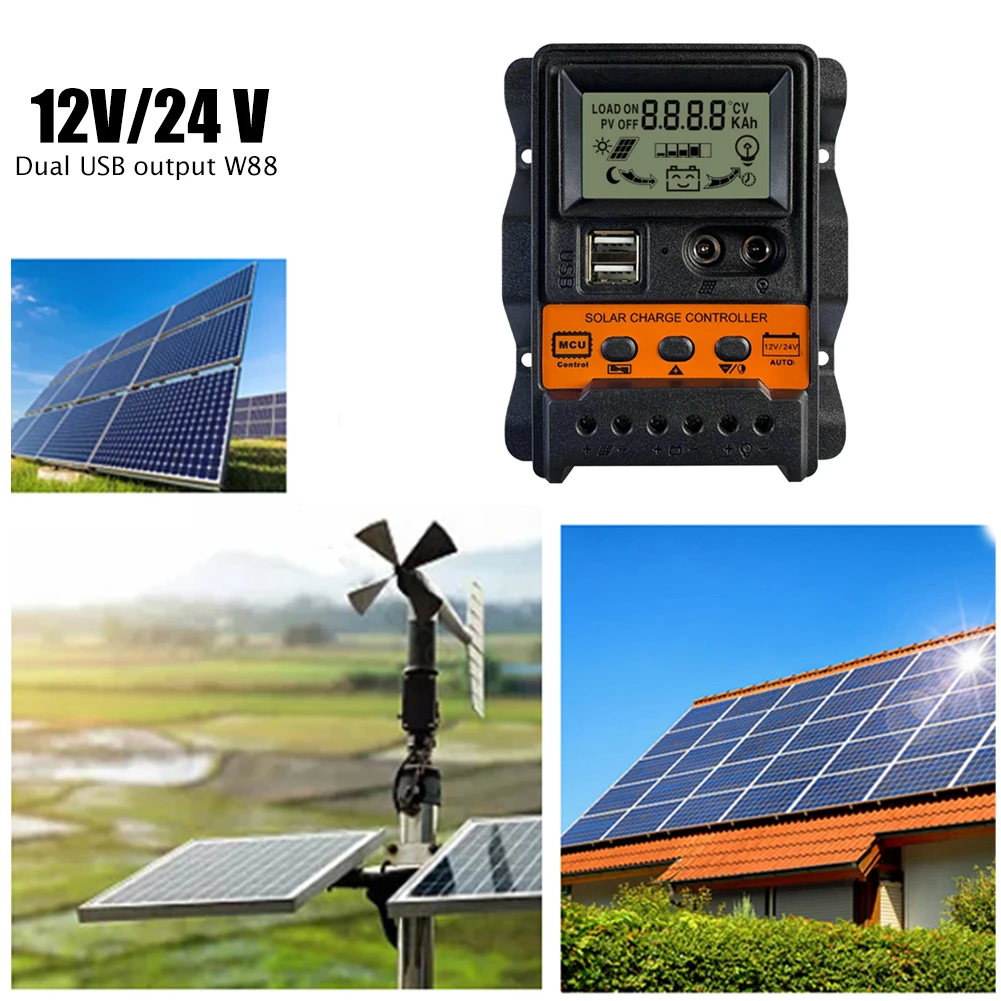 ควบคุมแสงแรงดันไฟฟ้า 12V 24V 3 ขั้นตอนการจัดการการชาร์จแผงควบคุมพลังงานแสงอาทิตย์ USB จอแสดงผล LCD