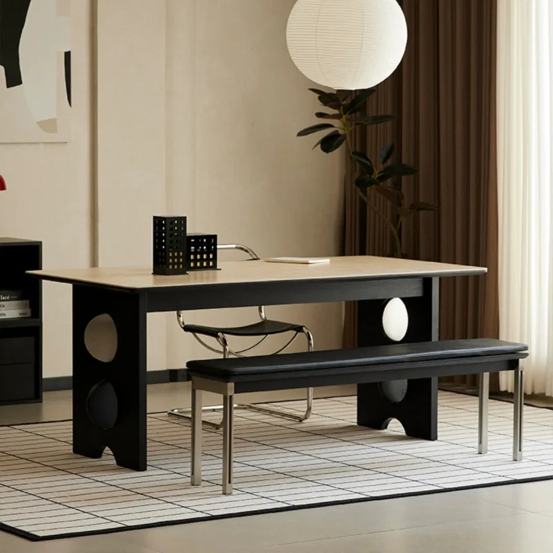 

French medieval solid wood rock slab dining table modern simple travertine household rectangular desk