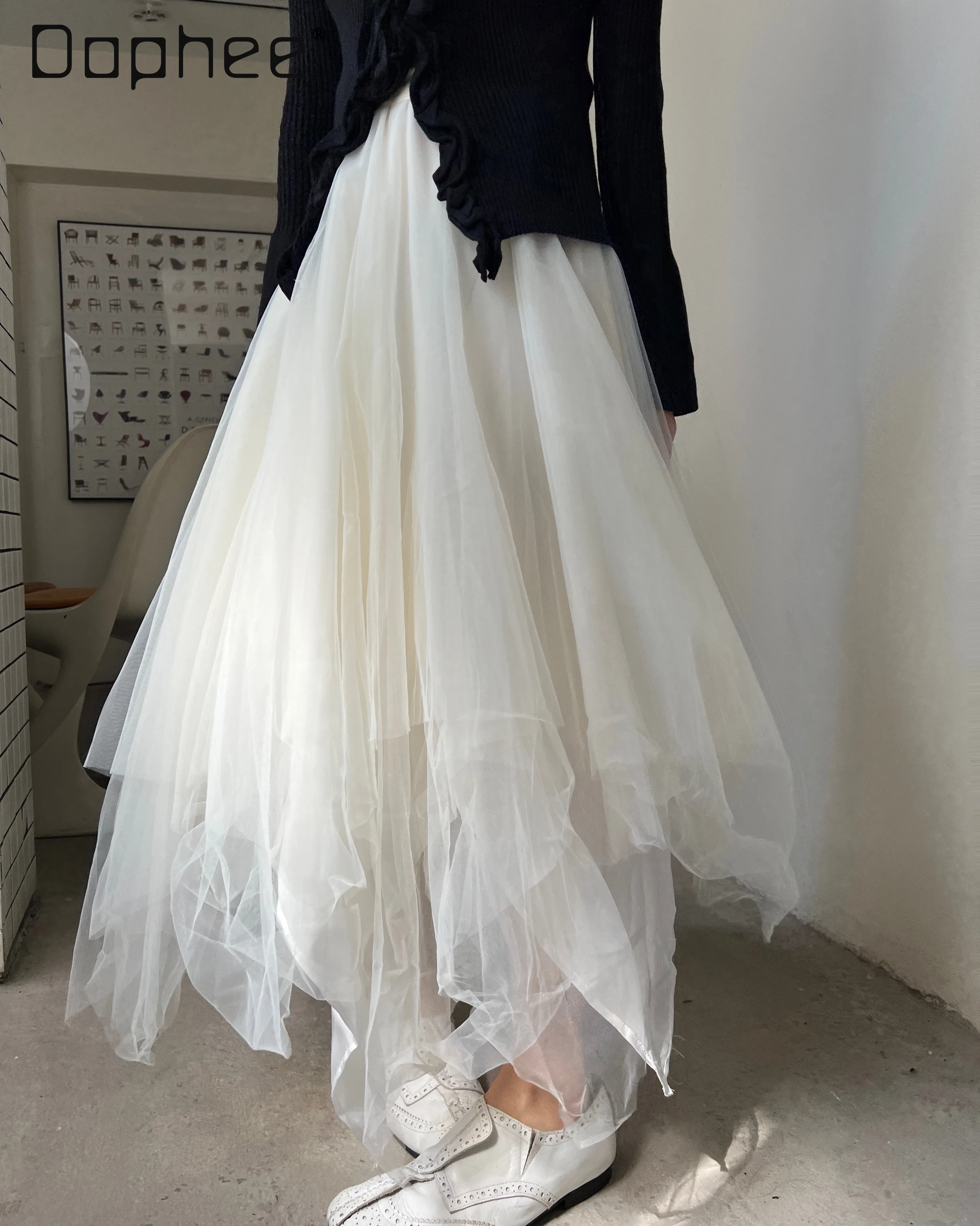 

Fairy Tulle Skirt Irregular Hem High Waist Tiered Mesh Tutu Long Skirts White Pleated Skirts Solid Korean Fashion Female Trend