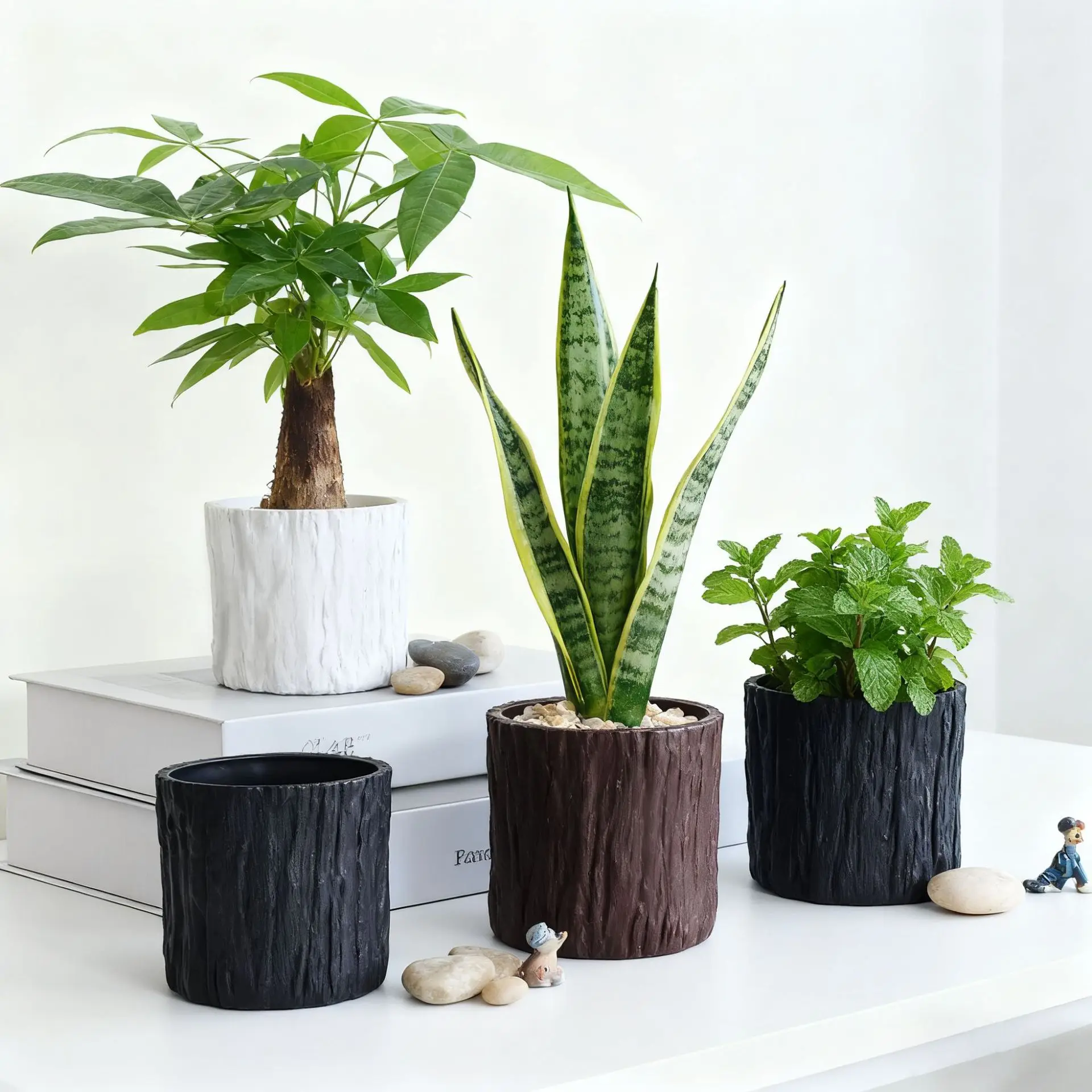 Tree Bark Style Plastic Flower Pots, Small Succulent Planter for Home Decor,Modern Mini Indoor Gardening Pot