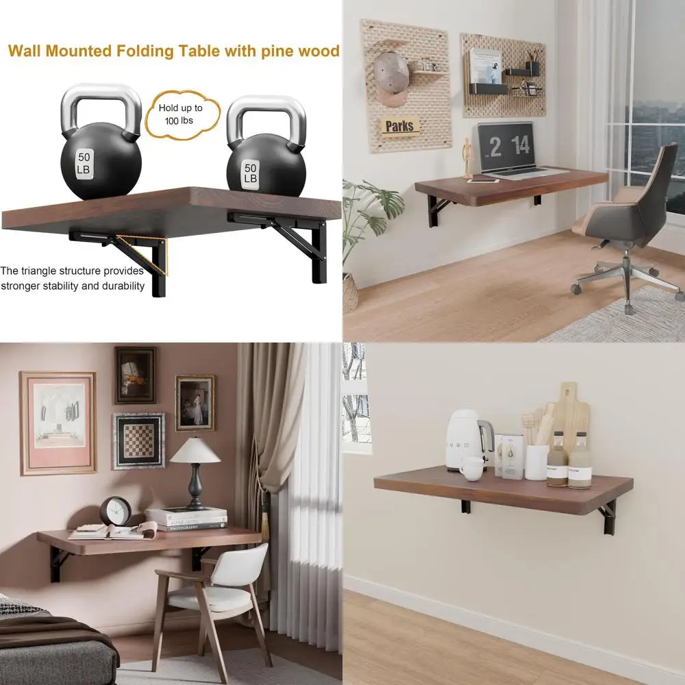 

Pine Wood 24x14 Foldable Wall Desk with Shelf, Laundry & Kitchen Workbench, Brown