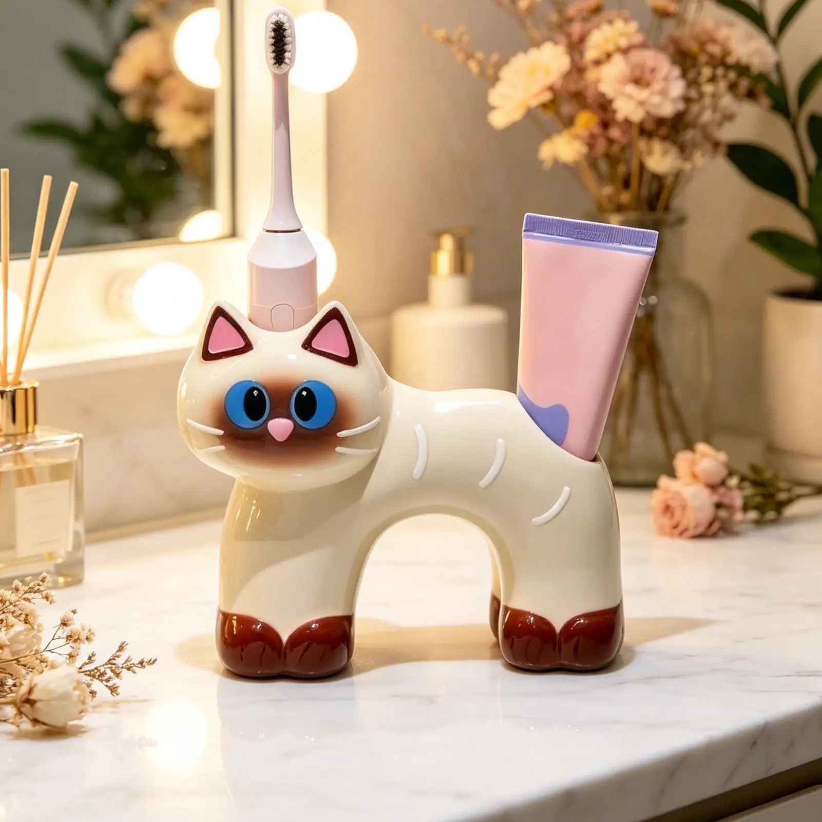 Toothbrush Stand Cat-Shape Ceramic Cute Double Hole Stand Toothbrush And Toothpaste Holder For Bathroom Countertop Vanity Sink