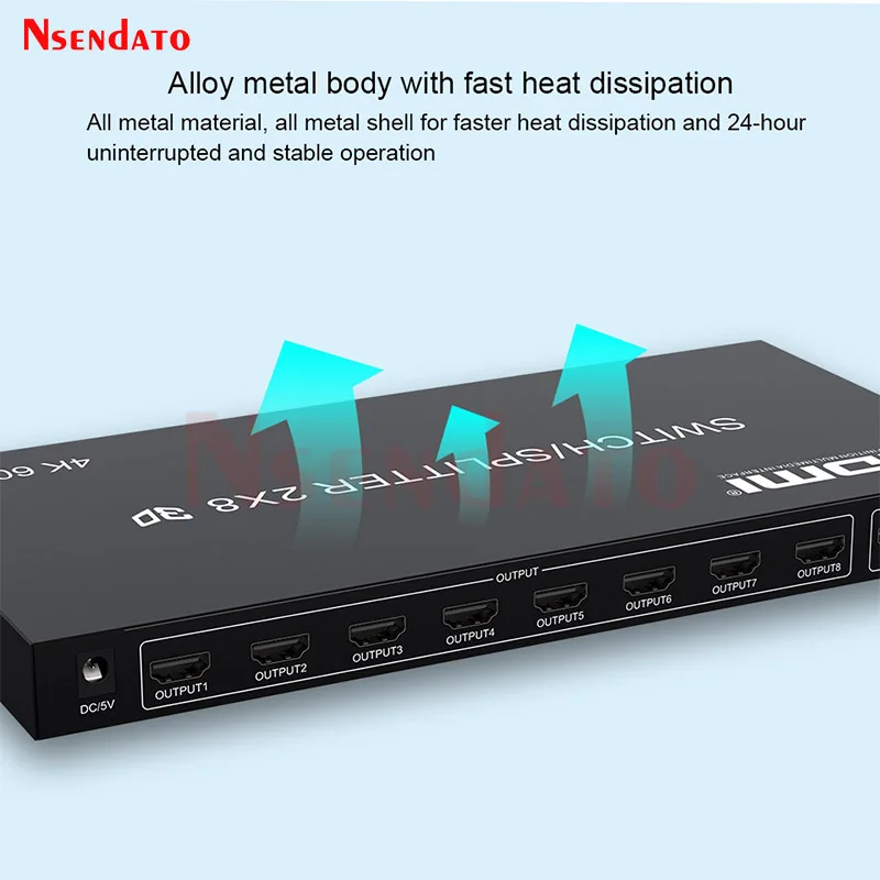 Divisor de interruptor HDMI 4K 60Hz, interruptor divisor 2x8, conmutador de Audio y vídeo de 2 entradas y 8 salidas para PS3, PC a proyector de Monitor HDTV