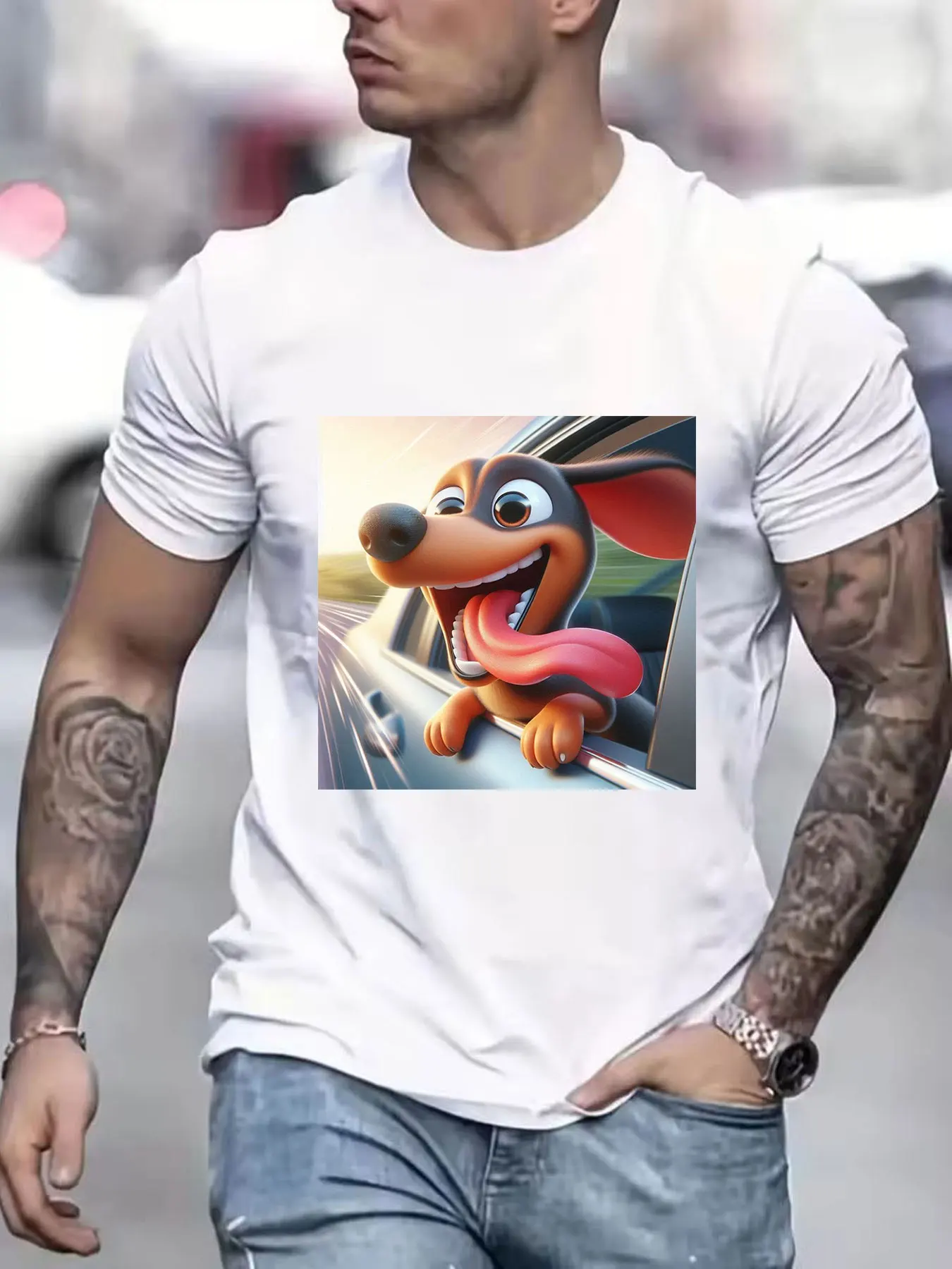 Men's Pure Cotton T-Shirt, Funny Dachshund Sticking Tongue Out of Car Window Print, Casual Breathable Short Sleeve Tee, Comfy