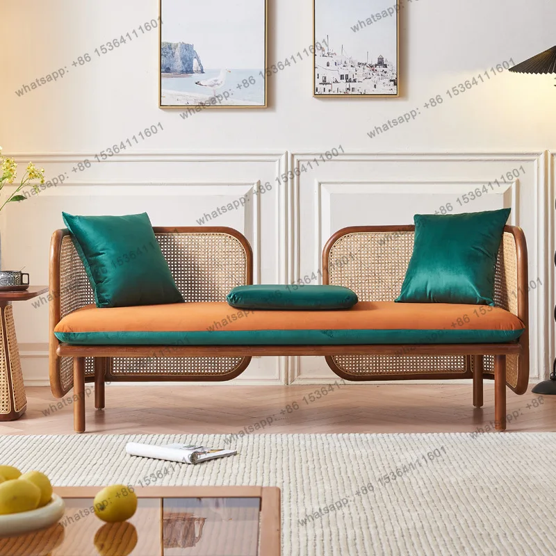 Rattan sofa household simple solid wood sofa wabi sand wind chaise longue
