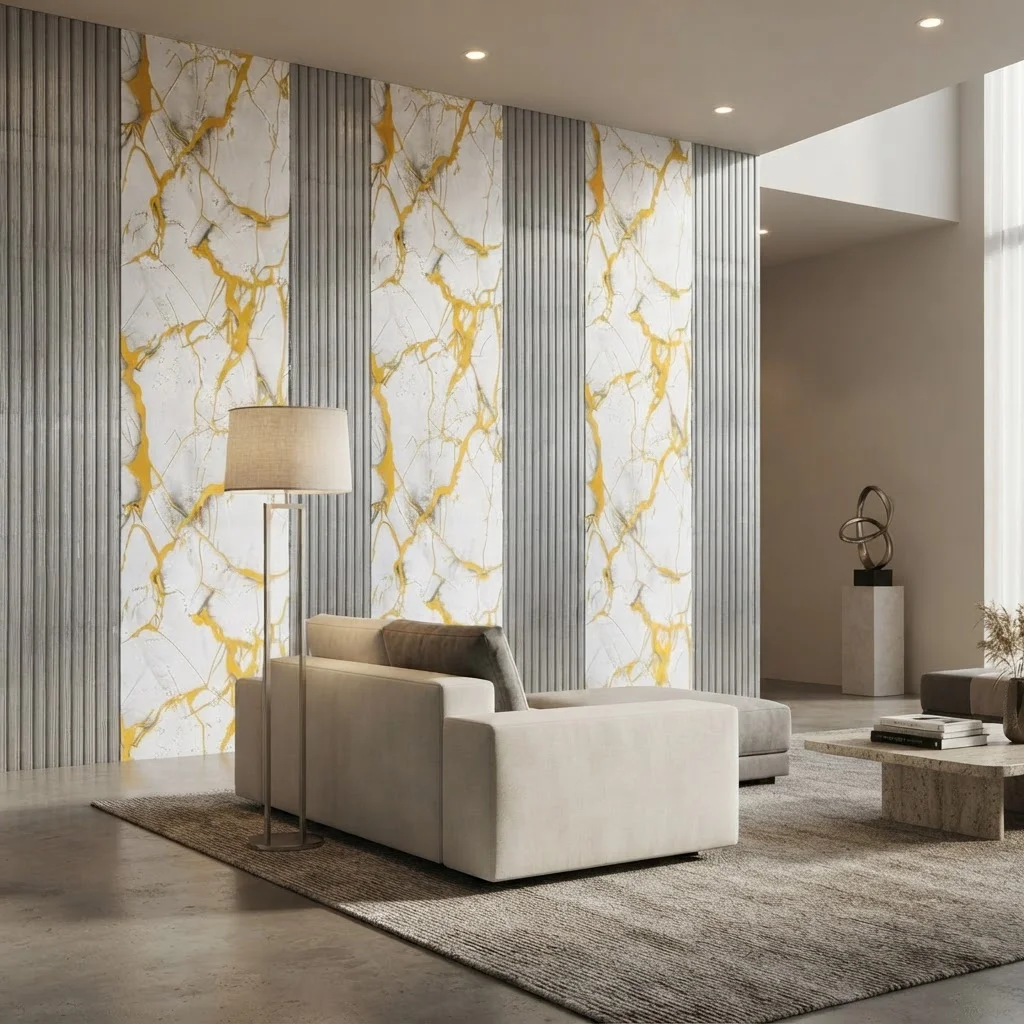 Luxury Fluted Wave Wood Golden Marble Texture Contact Paper, Durable Waterproof Self Adhesive Wallpaper for Home Cabinet Decor