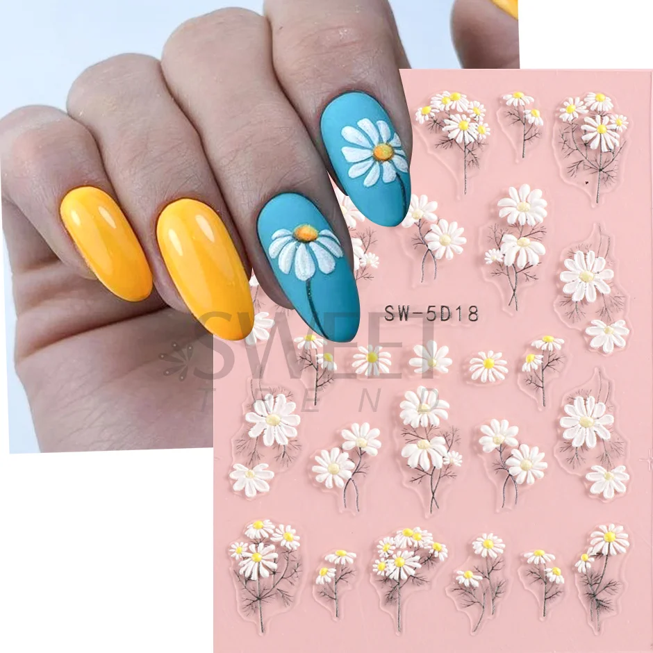 5D Engraved Nail Stickers Yellow Flower Tulips Daisy Nail Design Embossed Acrylic Nail Slider Gel Polish Autumn Decals SASW-5D17