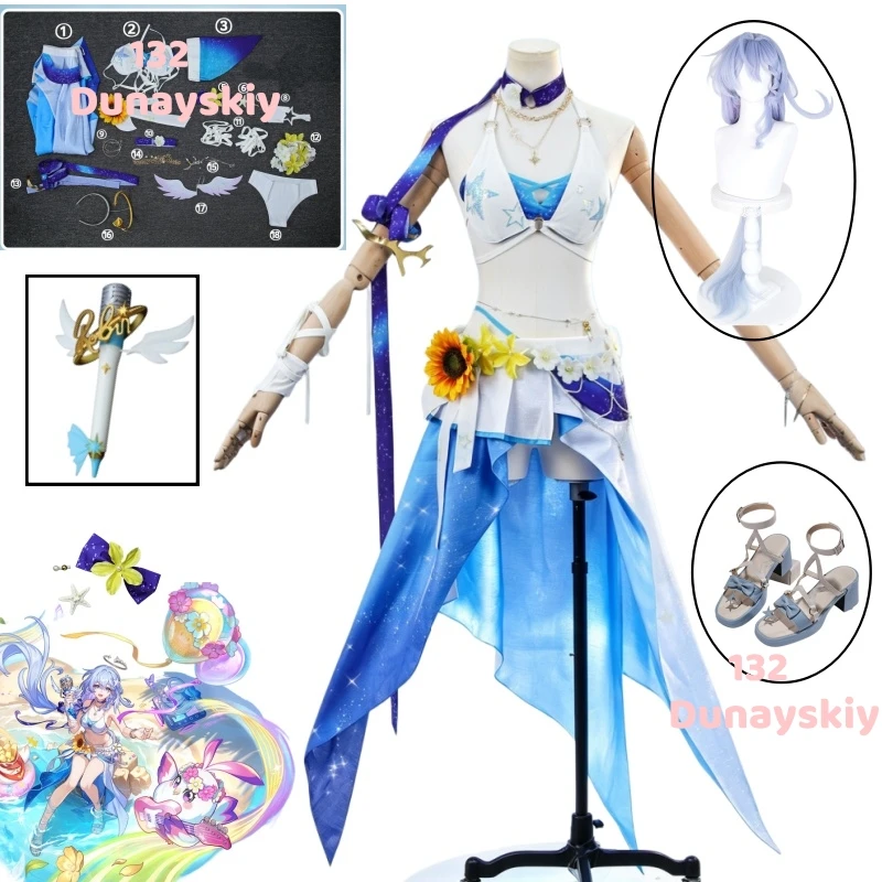Game Honkai Star Rail Robin Cosplay Costume Wig Summeretto Blue White Beach Outfit Accessories Halloween Carnival Party Shoes