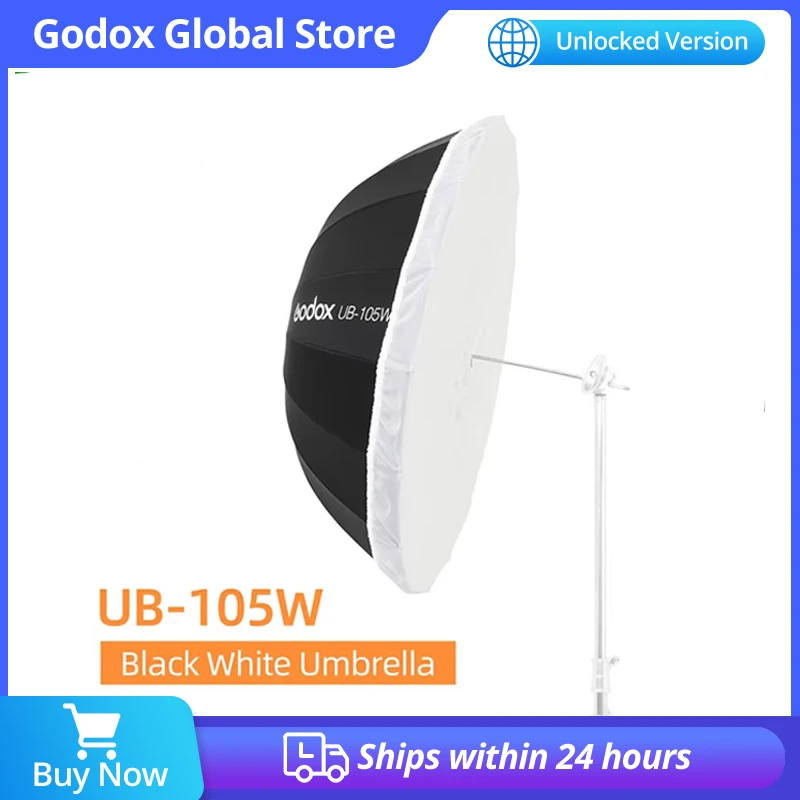 Godox UB-105W 41 pulgadas 105 cm Parabólico Negro Blanco Paraguas reflectante Paraguas de luz de estudio con paño de cubierta difusor negro plateado