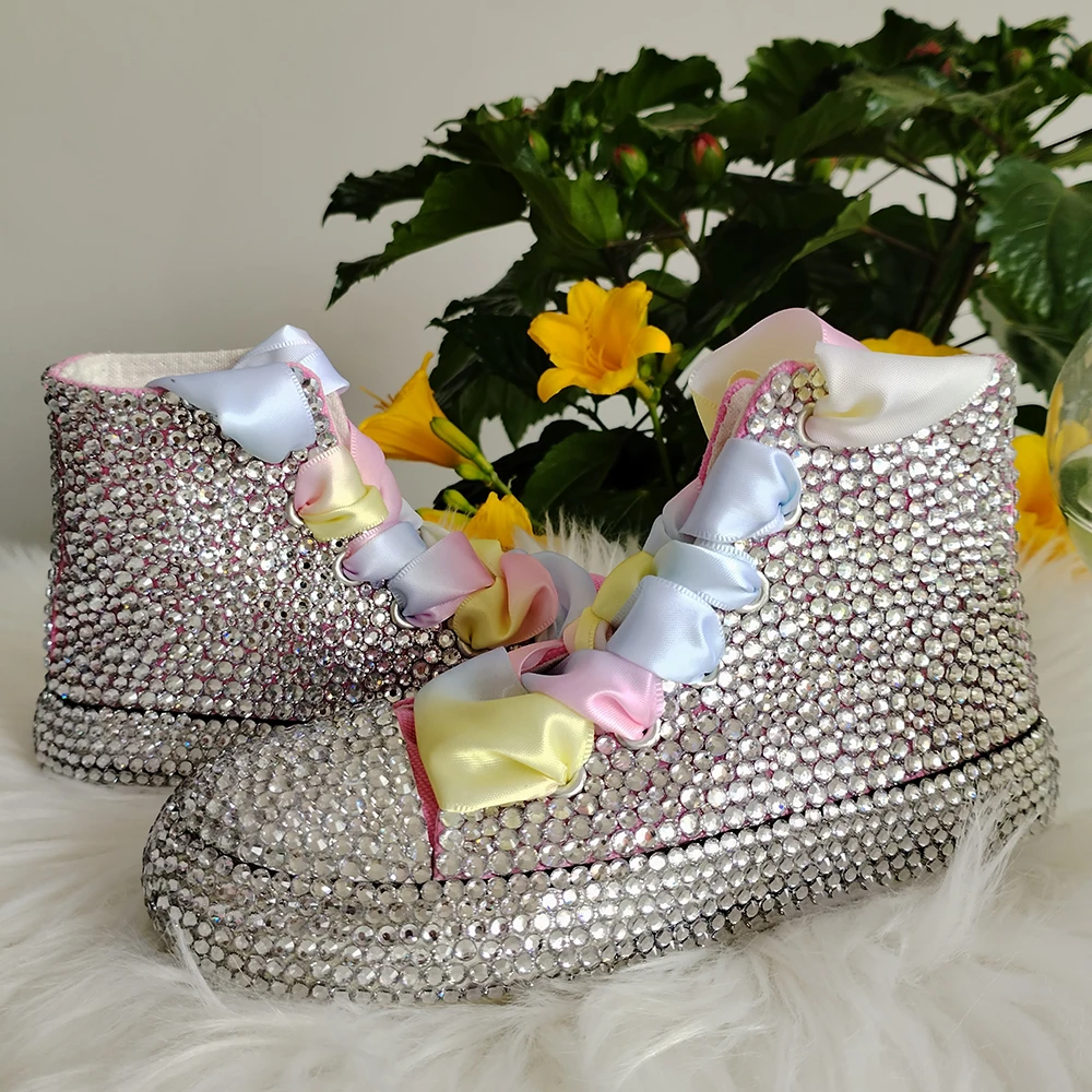 Handmade Rhinestones Bling Girls Womens Kids And Mother Candy Canvas Shoes Pearls Sneakers For Girl Birthday Party Wedding