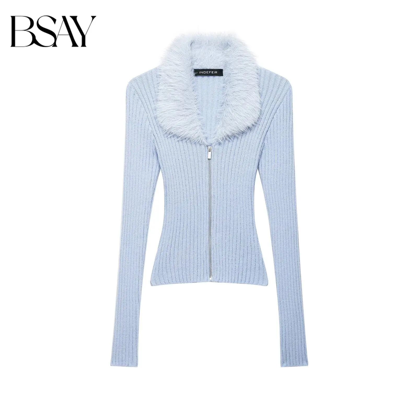 BSAY 2026 Autumn New Women Fashion Slim Ribbed Knit Zip Front Top Textured Contrast Lapel Casual Light Blue Long Sleeve Cardigan