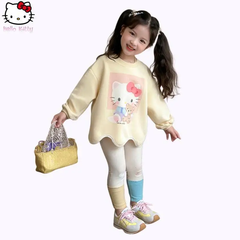 

Новая кавайная футболка с длинными рукавами для девочек «Hello Kitty», комплект леггинсов, аниме, весенне-осенний детский свитшот Sanrio с героями мультфильмов, брюки