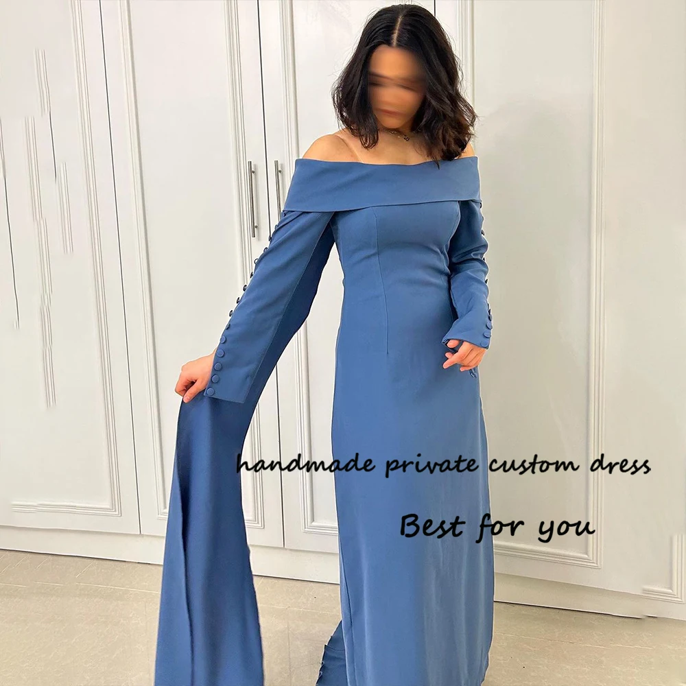 

Dusty Blue Satin Mermaid Evening Dresses Off Shoulder 3/4 Sleeve Prom Dress Arabian Dubai Formal Evening Gowns