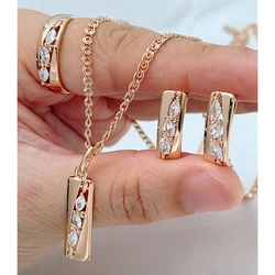 Kinel Hot Square White Natural Zircon Wedding Jewelry Sets for Women 585 Rose Gold Color Ring Earrings Necklace Daily Jewelry