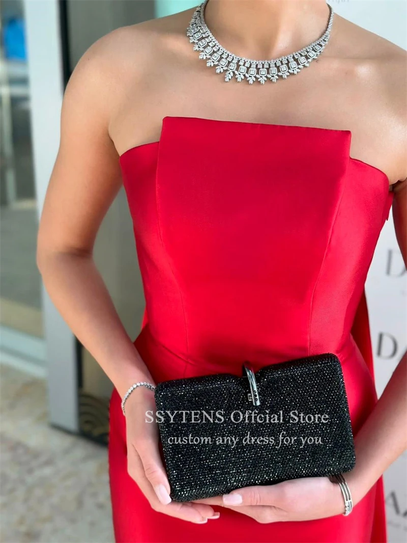 Elegant Red Evening Dress Floor Customized Wedding Party Dresses Guest Occasions Bows Train Strapless Long Prom Gowns Women