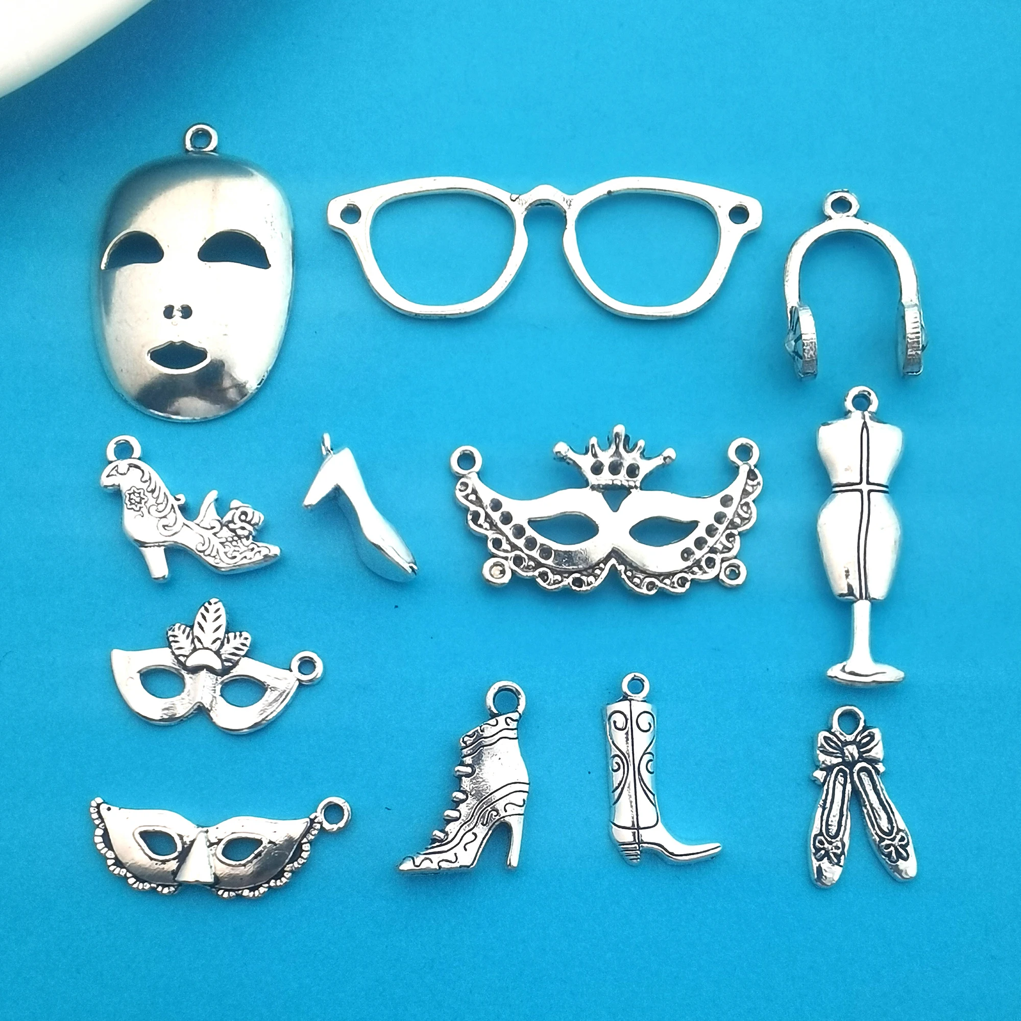 12pcs Ancient Silver Shoes Masks Glasses Set Suitable Men And Women For DIY Necklace Keychain Jewelry Cosplay Handmade Charms