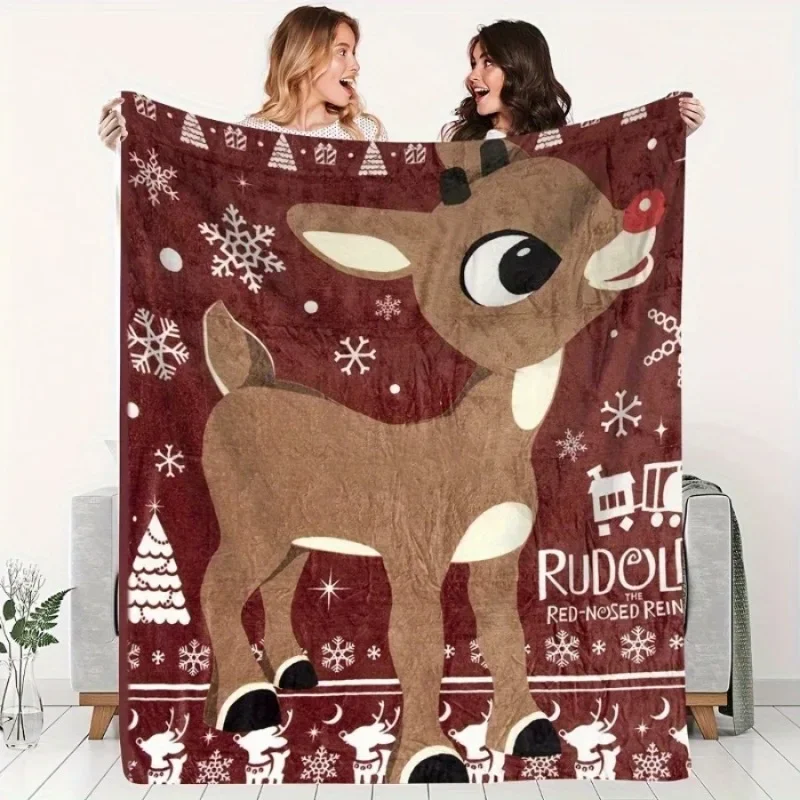 Rudolph Red-Nosed Deer Flannel Blanket Digital Print Year-Round Comfortable Knitted Polyester Festive Christmas Deer Design