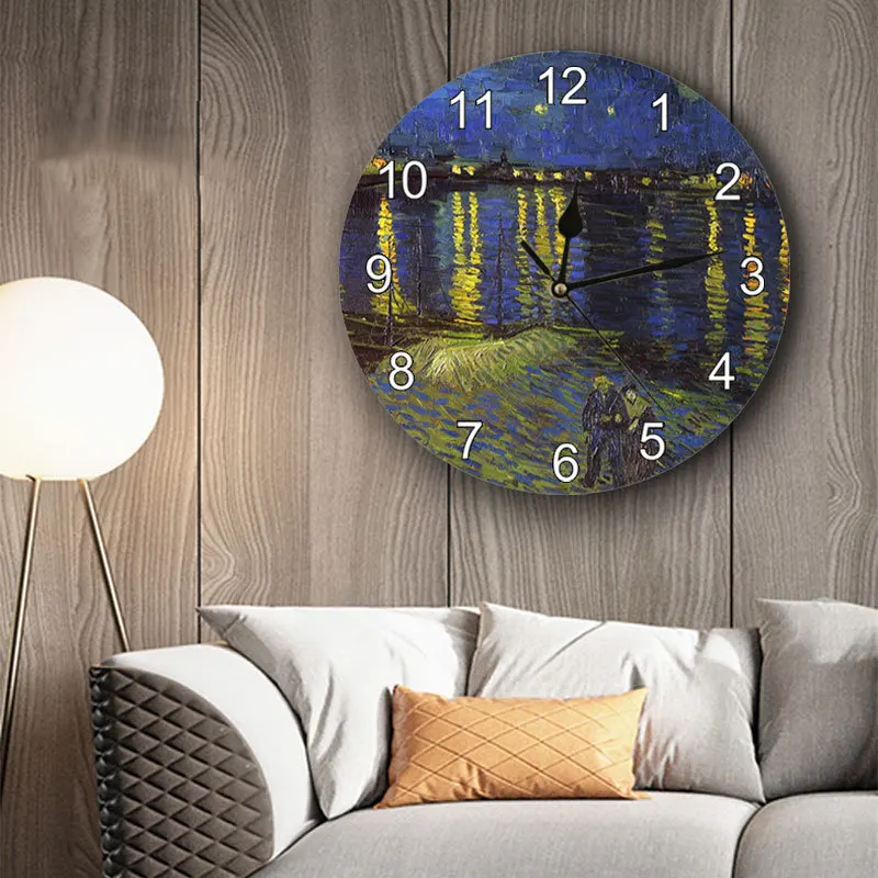 Van Gogh Sunflower Oil Painting Wall Hanging Clock Artistic Painting Wall Decor Mural Clock Round Wooden Craft for Living Room