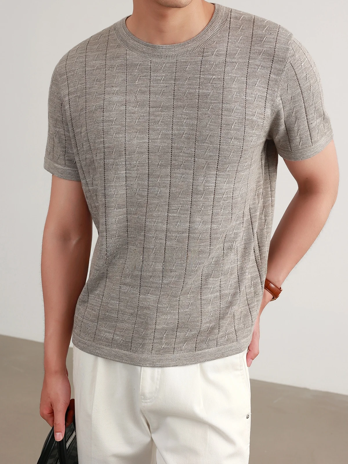 TWENTYFIVE Men's Texture Business Knitted Short Sleeve T-Shirt Wool Blend Warm Vertical Stripe Design Casual Style round Neck