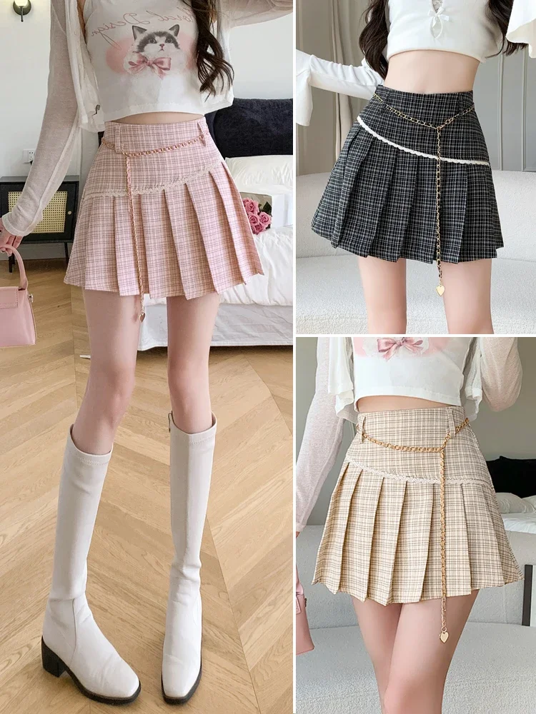 Summer high waisted plaid pleated skirt for women 2024 sweet commuting anti glare A-line skirt short skirt half skirt