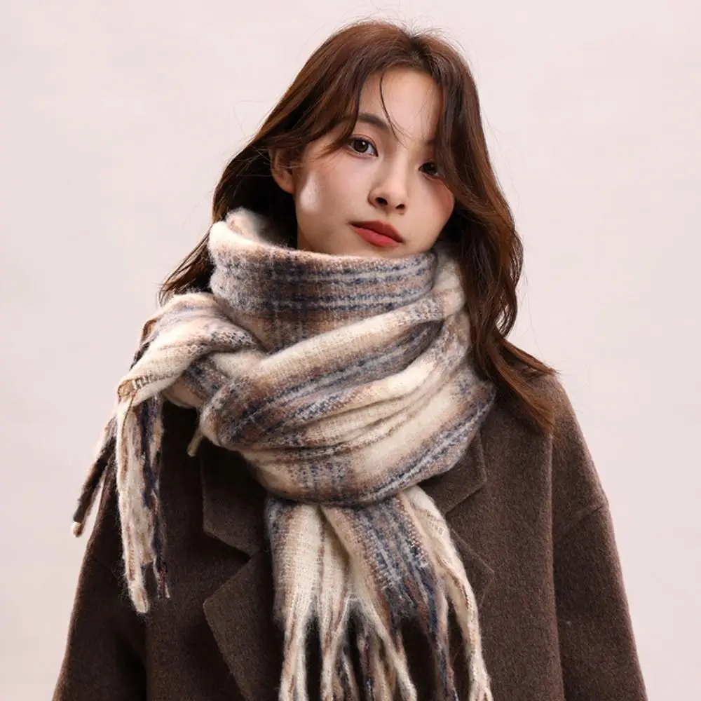 

Classic Mohair Plaid Wool Scarf Thicken Winter Cashmere Scarves Warm Solid Color Long Shawl Student