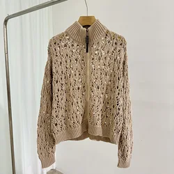 Autumn Winter Women Hook Flower Hollow Cardigan Beaded Zipper Stand Collar Long Sleeve Fashion Female Knitted Sweater