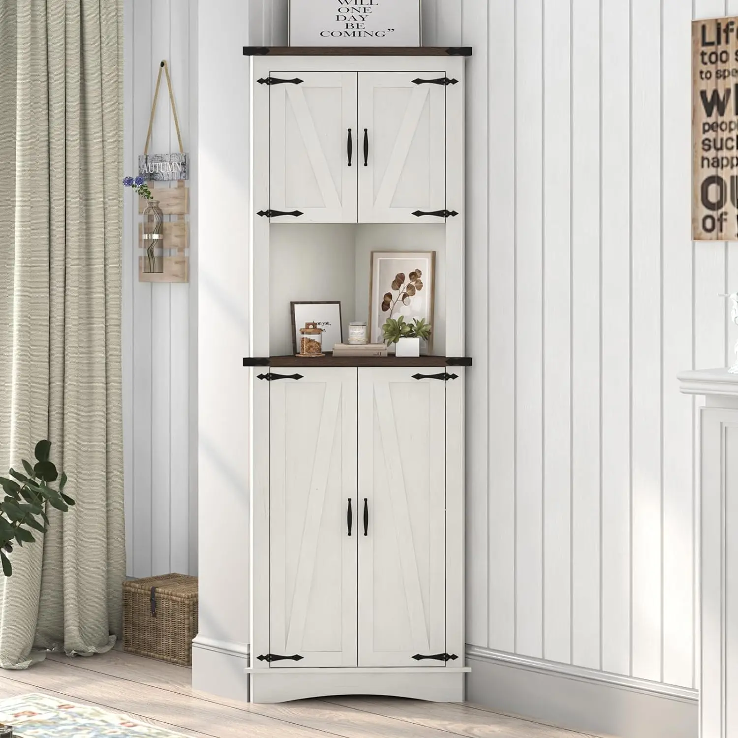 

Farmhouse Corner Cabinet, 5-Tier Tall Storage Cabinet with 4 Barn Door & Adjustable Shelves w/ Storage for Living Room, Kitchen