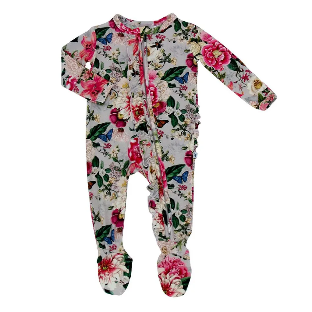 Rose Floral Pink Ruffle Romper Outfit Ruffle zipper outfit floral baby one piece baby pajamas