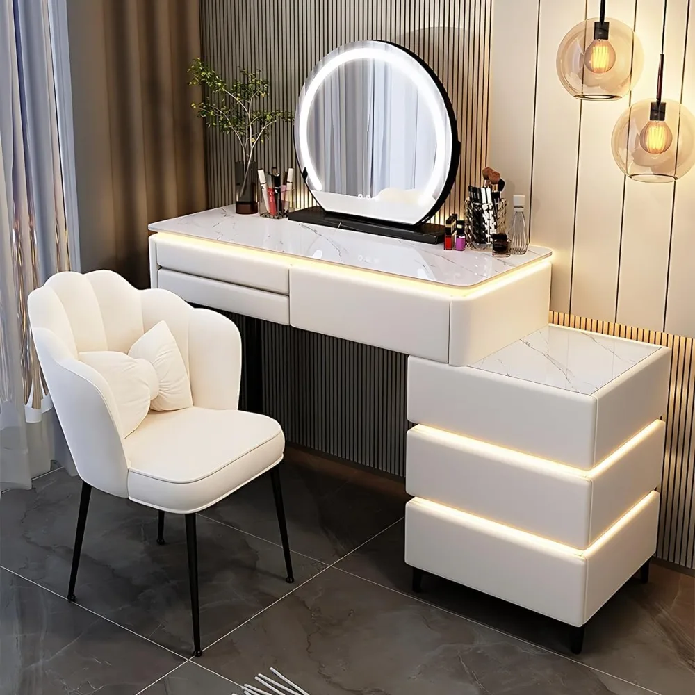 

Vanity - Makeup Vanity Table with Drawers and LED Lights - Includes Chair and Smart Makeup Mirror,(White-Petal Chair, 6-Drawers)