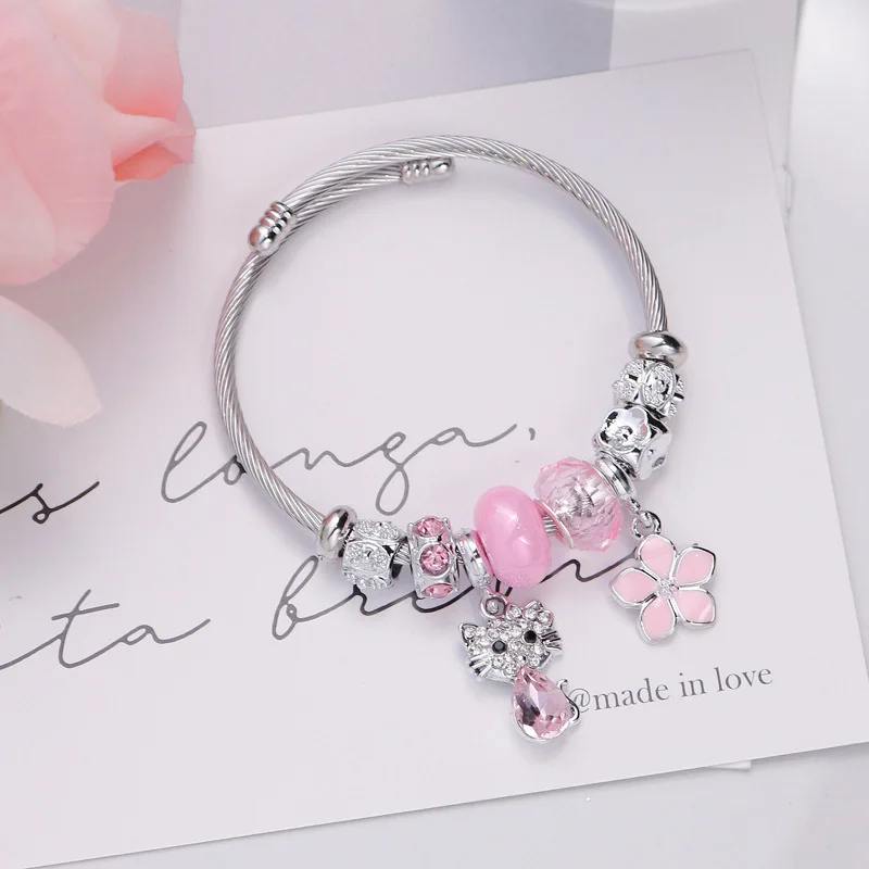 Cartoon Character Hello Kitty Kawaii Anime Stainless Steel Crystal Adjustablet Bracelet Beads Jewelry Accessories Gift