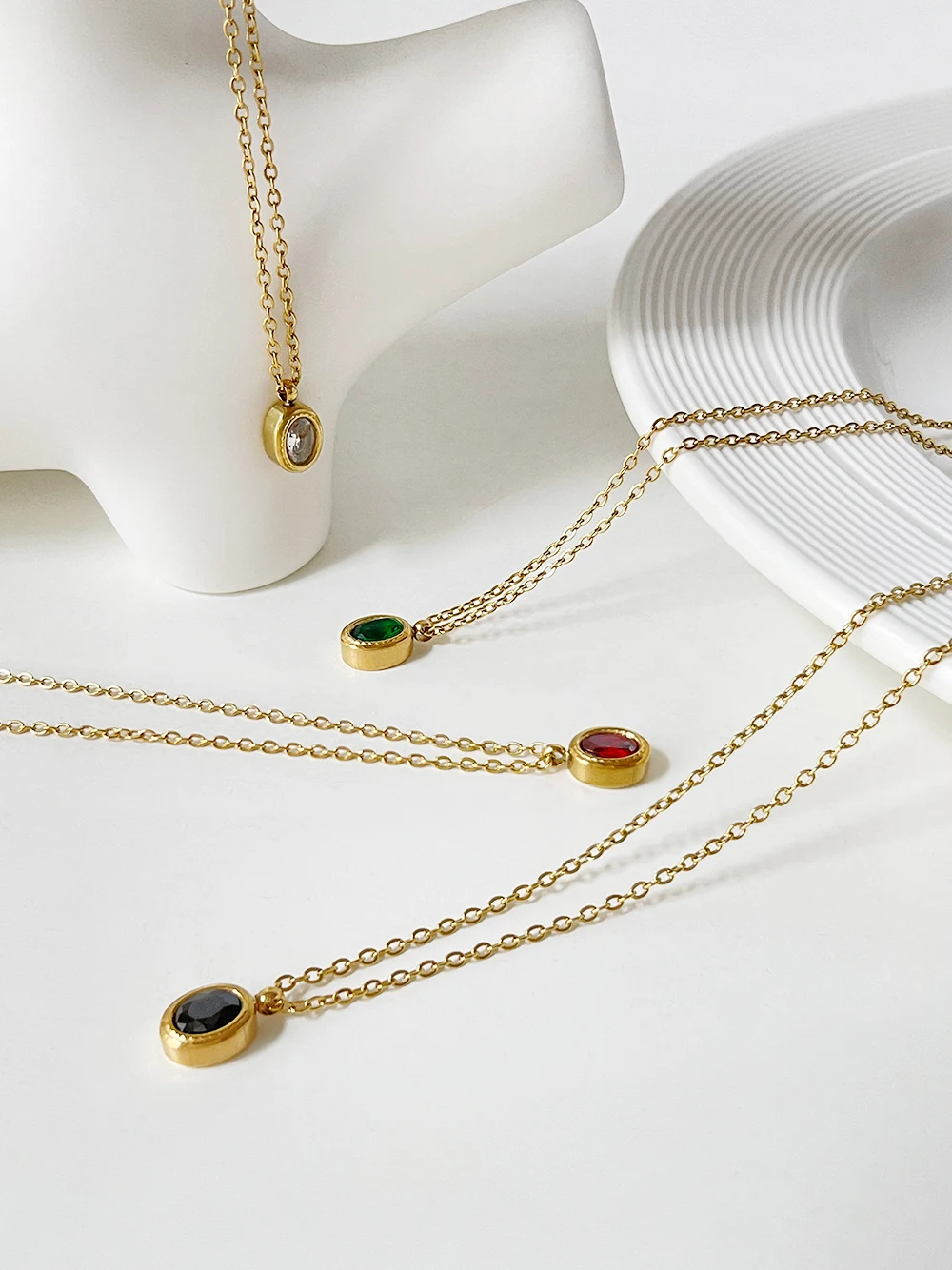 Peri\'sBox Multicolor Little Oval Zircon Pendant Necklace Women Stainless Steel Minimalist Gold Plated Layering Necklacs Jewelry