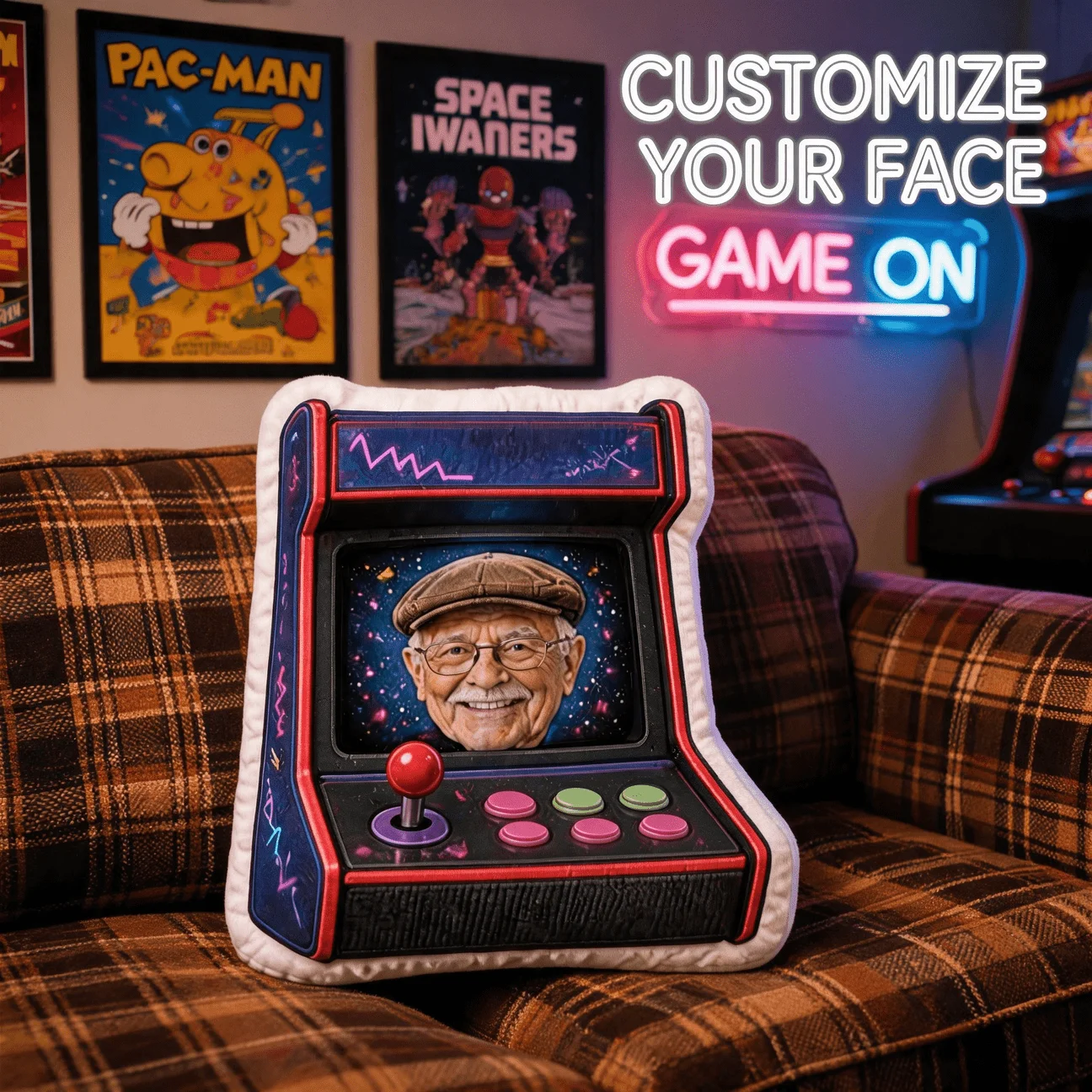 Custom Photo Arcade Machine Shaped Pillow, Personalized Face Decorative Cushion with Joystick Design, Retro Gaming Style Home De