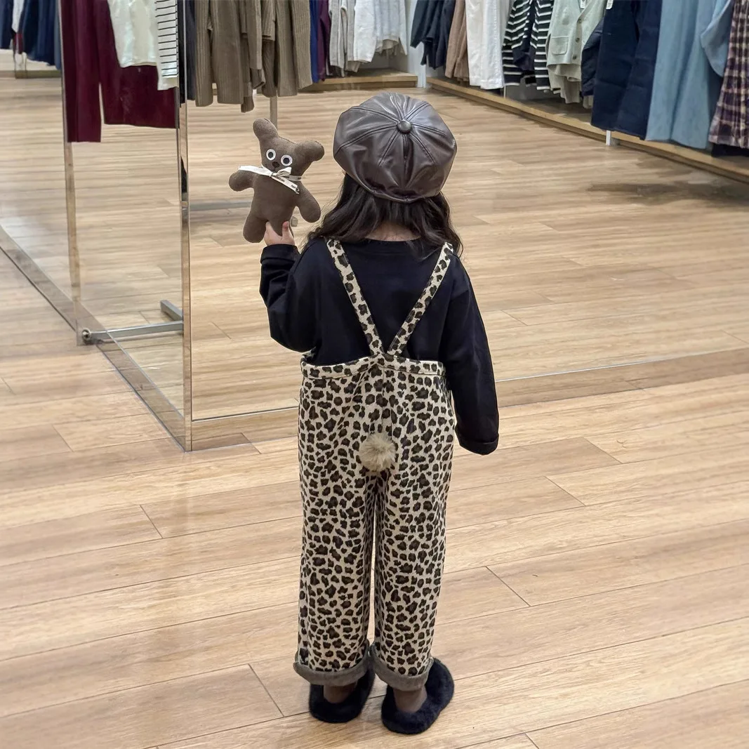 

Korean Children's Back Hairball Leopard Print Overalls Kids Girls Jumpsuit