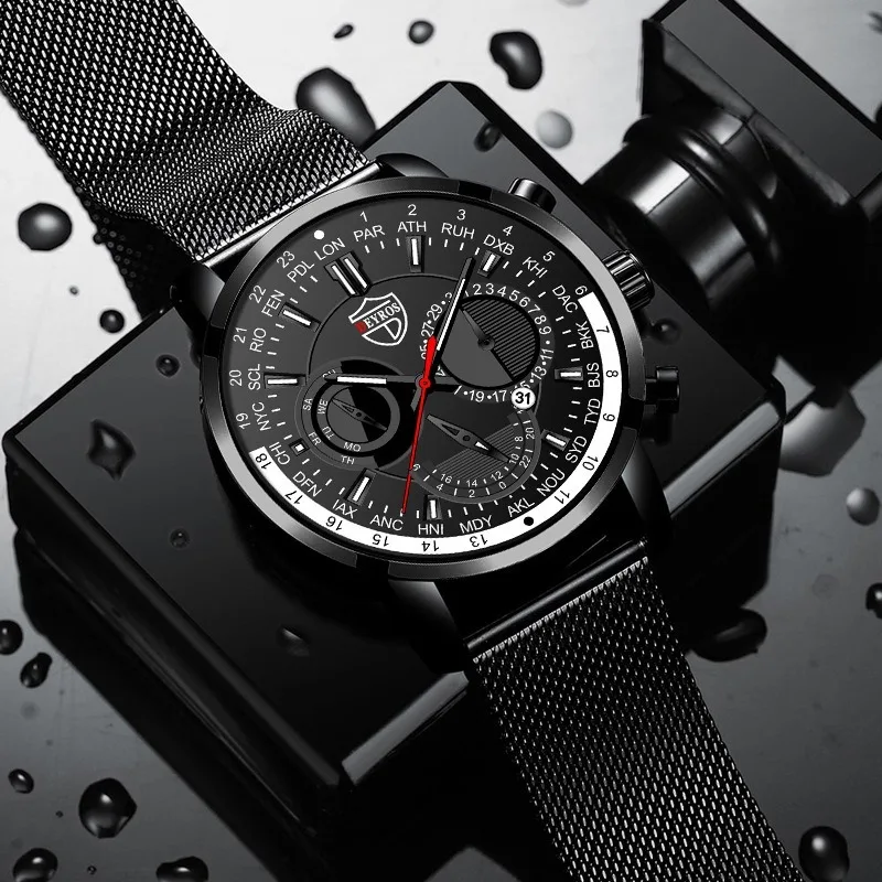 ساعة بحزام شبكي من الفولاذ المقاوم للصدأ هدية عيد الميلاد للرجال أصفاد كوارتز ساعات تناظرية للرجال هدايا للأب ساعة الجمعة السوداء