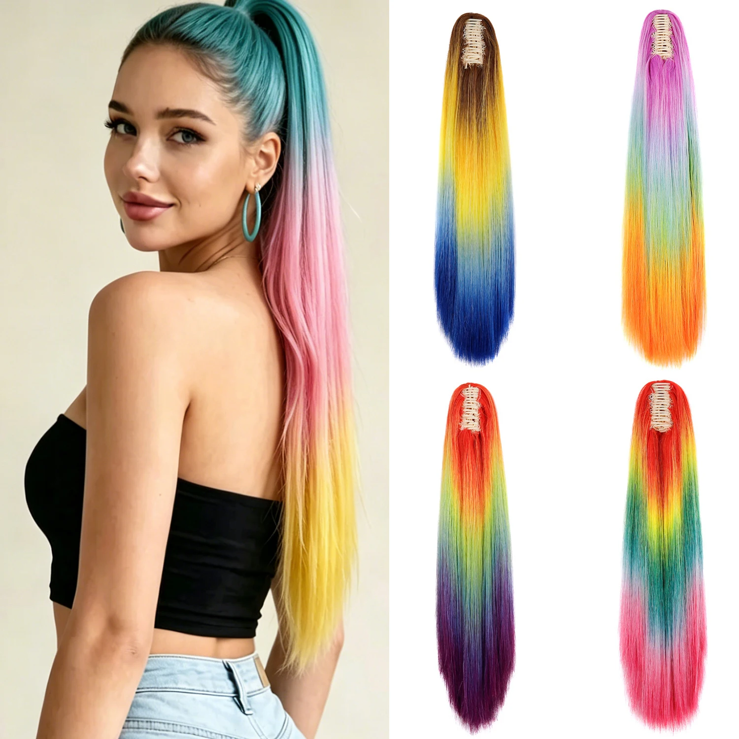 

Y2K Colorful 24 Inch Straight Ponytail Extensions Claw Clip Synthetic Hairpiece Long Clip In Ponytail Hair Extensions for Party