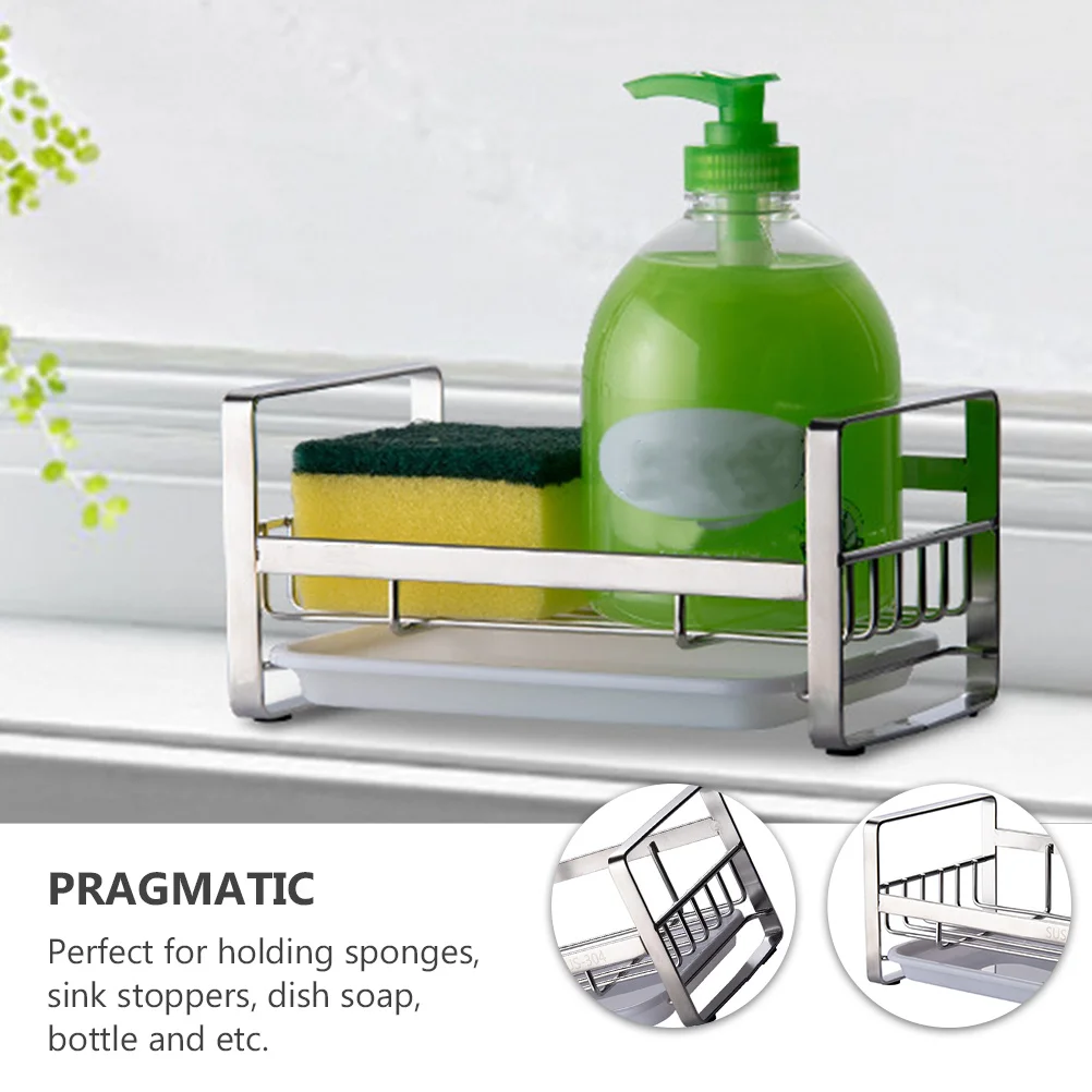 

1 pc Stainless Steel Kitchen Storage Rack Silver With Drain Pan Simple Sponge Holder Soap Container Drip Tray Household