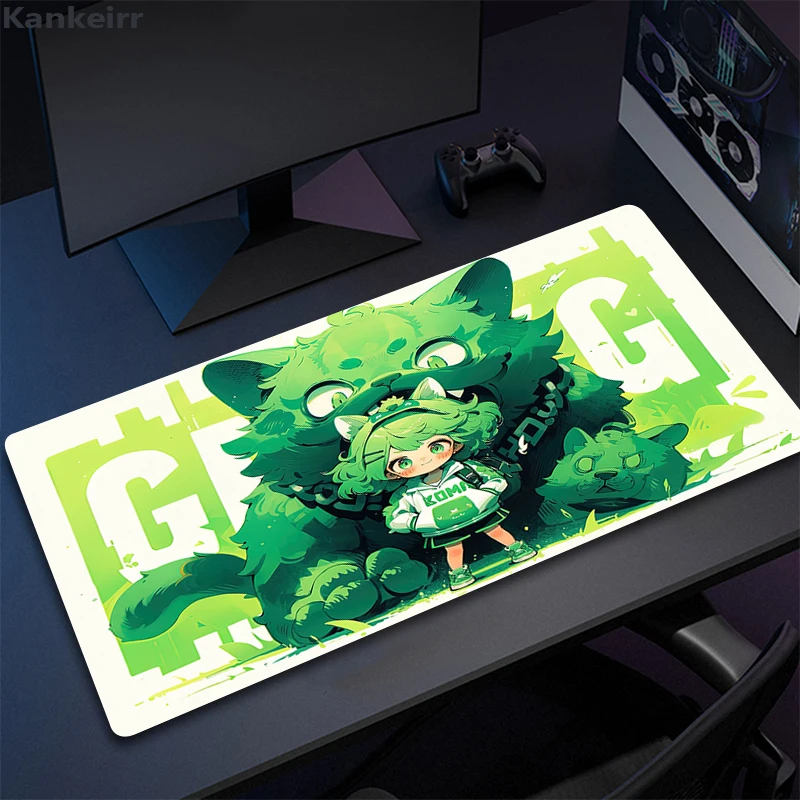 Desk Mat Green Anime Girl and Cats Mouse Pad Computer Decoration Playmat 800x300 Rubber Carpet Giant Pad for Mouse and Keyboard