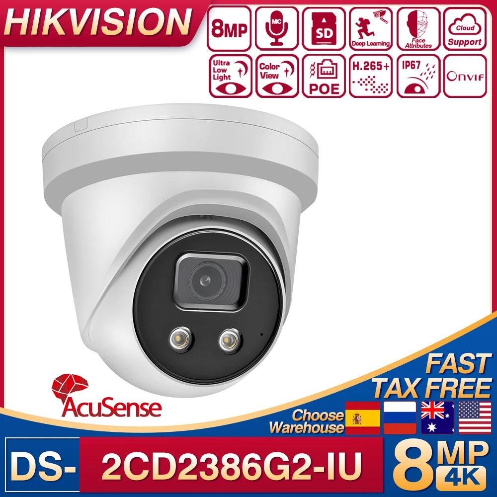 Original Hikvision 8MP 4K AcuSense IP Camera DS-2CD2386G2-IU DarkFighter 8MP 4K POE H265+ IP67 WDR Built-in Mic Network Camera