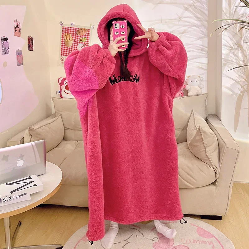 Nightgowns Women's Clothing Winter Thick One-piece Korea Home Soft Simple Leisure Slim Loose Fit Premium Warm Colorful Sweet